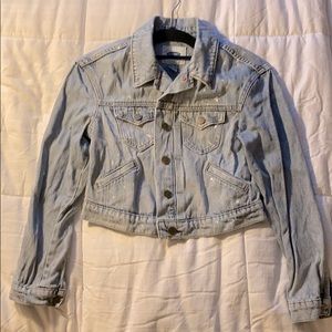 short jean jacket with paint splatters